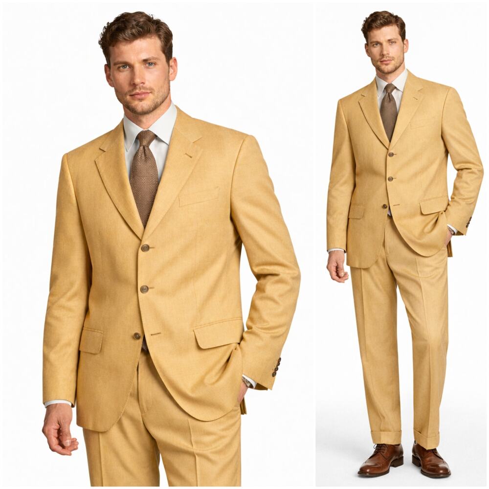 Brioni Palatino Linen Suit 46R Classic fit Pleated pant 3 bttn beige Italy